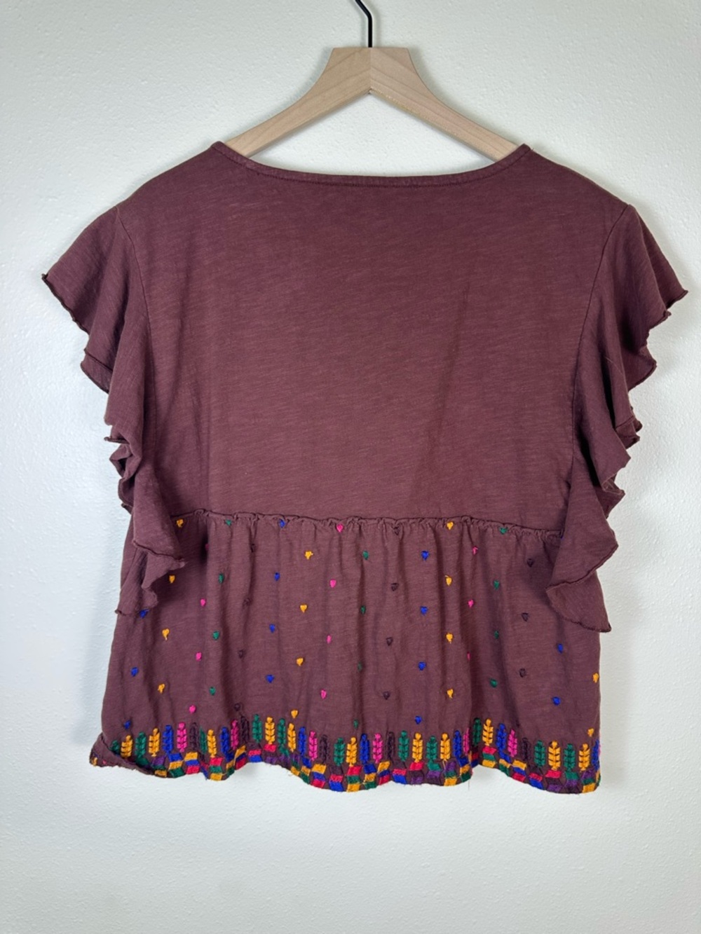 ANTHROPOLOGIE Women M Boho Whimsy Flowy Embroidered Ruffle-Sleeve Peplum Top - Picture 6 of 6